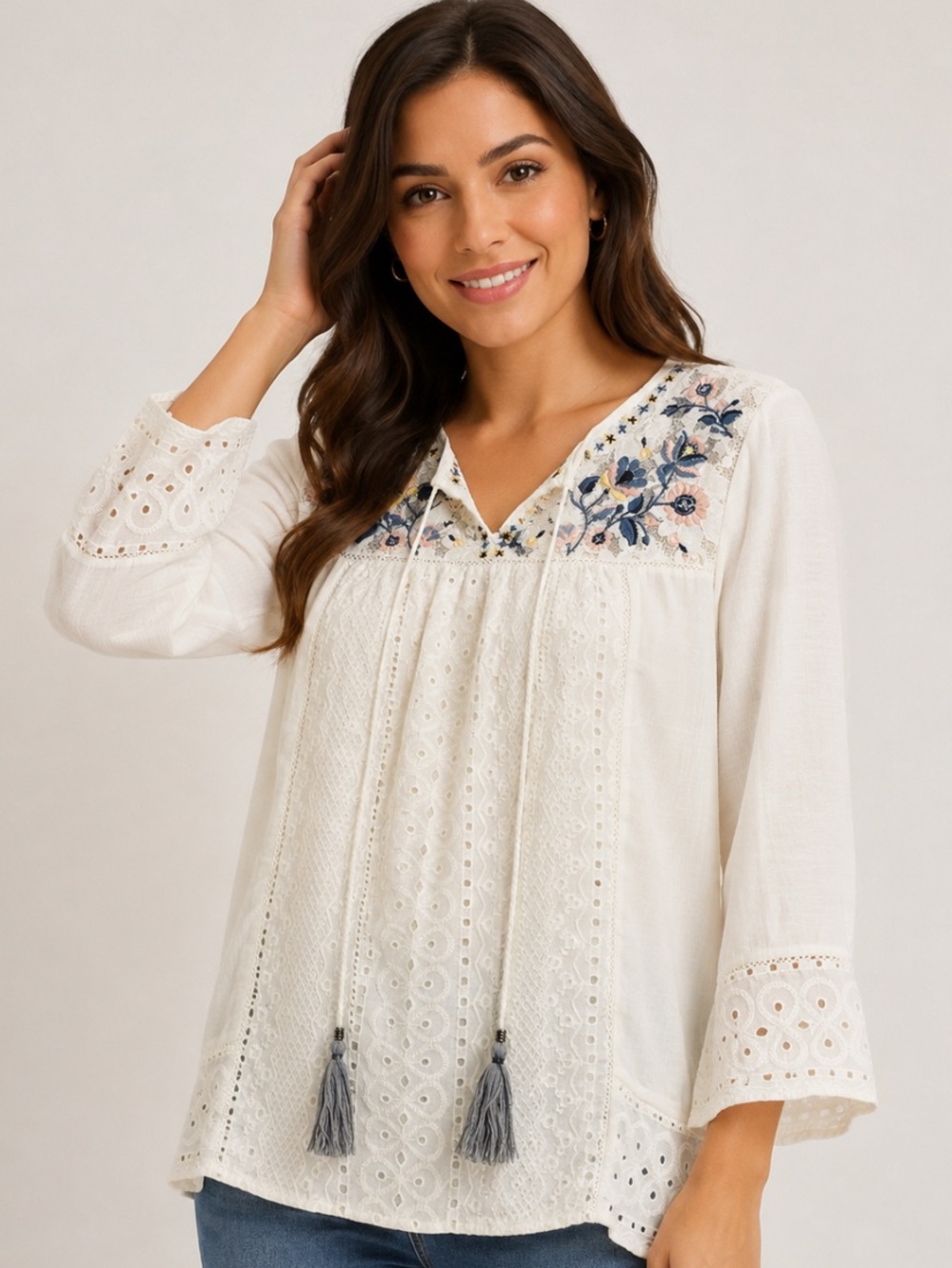 NWT Knox Rose White Embroidered Lace Yoke Peasant Top L